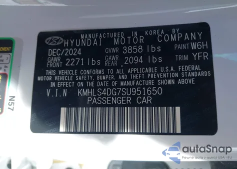 2025 Hyundai Elantra Sel Convenience z USA, uszkodzony, nr VIN KMHLS4DG7SU951650